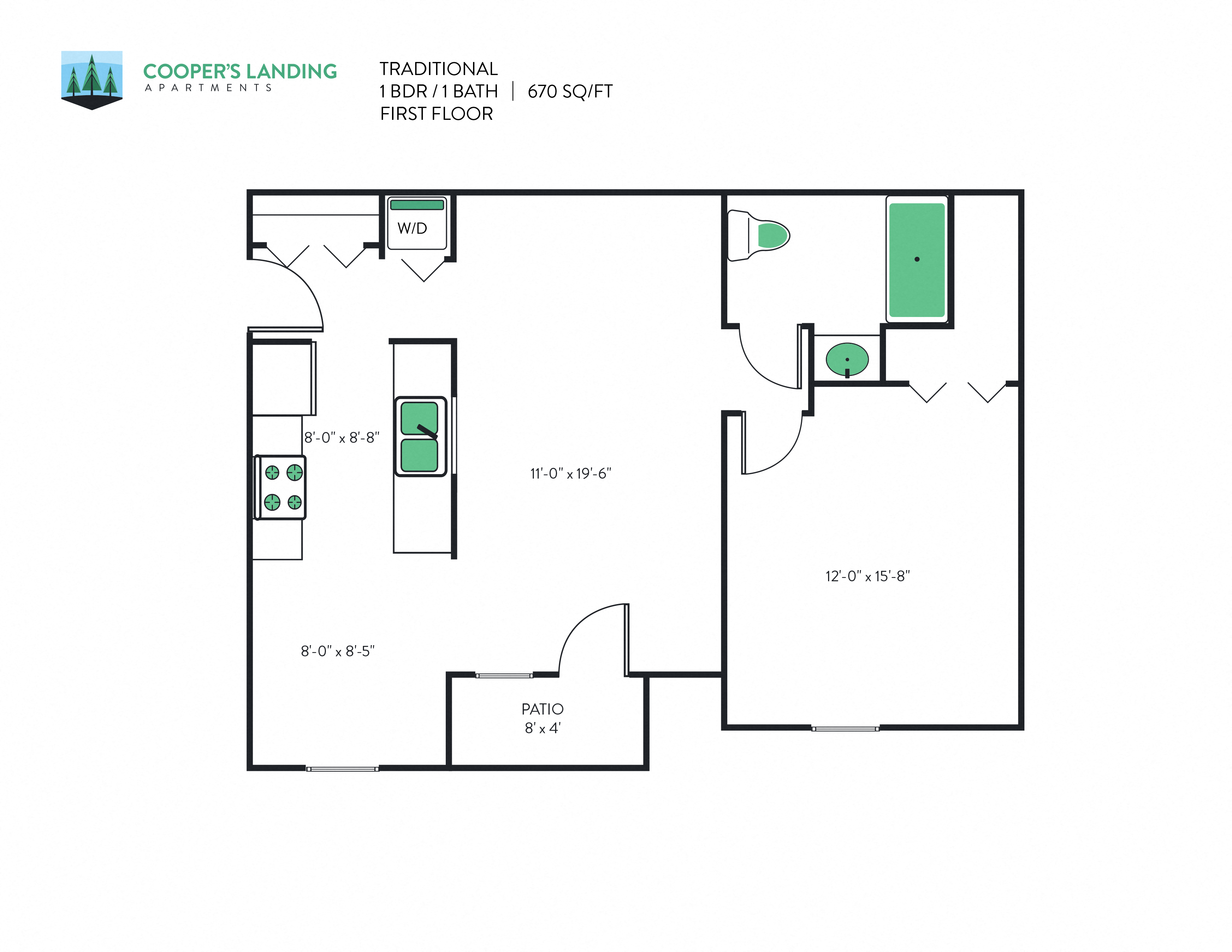 Floor plan for 1 bed, 1 bath, 670 sqft